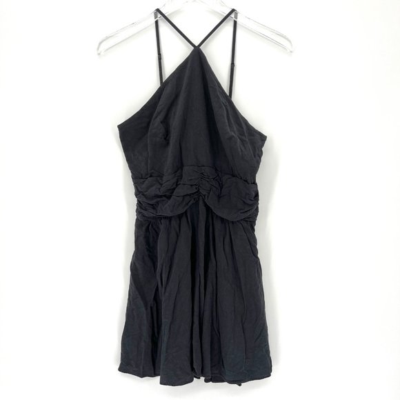 Urban Outfitters Linen Blend Marabella Y- Neck Mini Dress Black Size Large - Picture 2 of 13